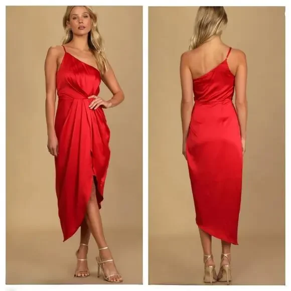 Lulu's Women's Law of Attraction Satin One-Shoulder Asymmetrical Midi Dress Red - Picture 12 of 12